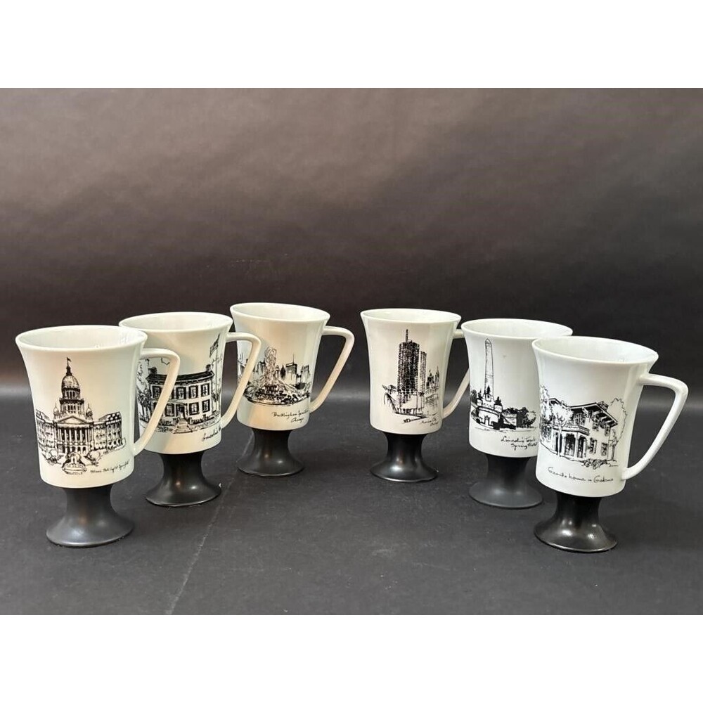 Vintage 6pc Landmark Pedestal Mugs Fine Seyei China Made in Japan 5.5" Pre-Owned